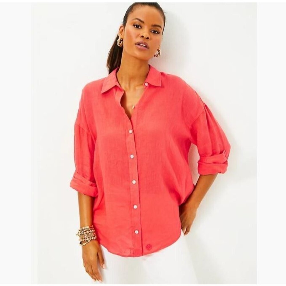 Lilly Pulitzer‎ 100% Linen Button Up Shirt Coral XL Stevey Relaxed Lightweight - Picture 2 of 11